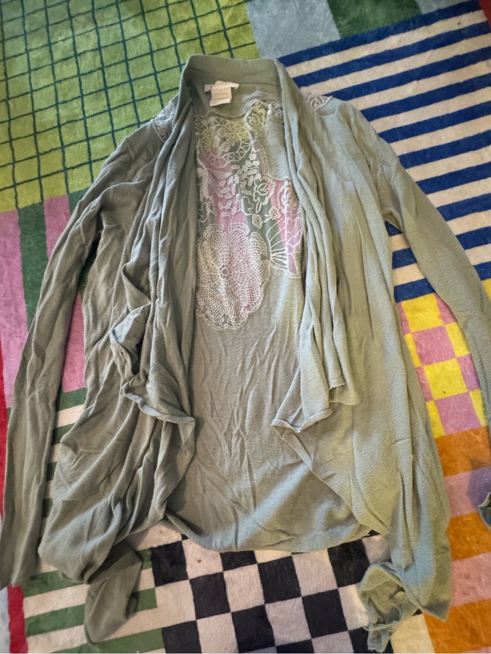 MM Couture Sage Green Open-Front Embroidered Cardigan